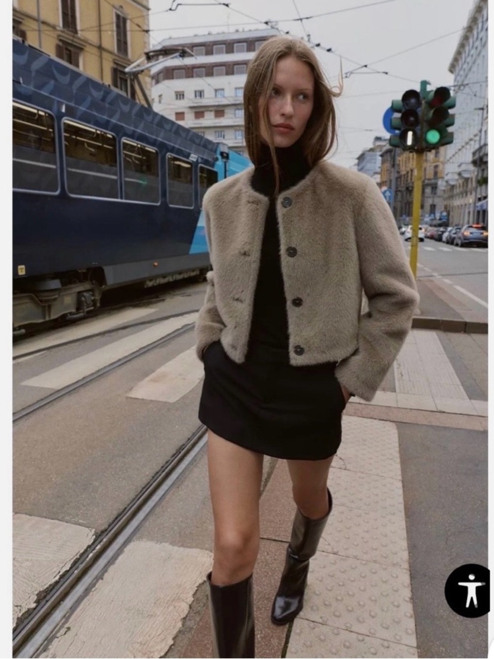 Zara Short Faux Fur Jacket Coat in Taupe Brown